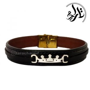 دستبند نقره + چرم طبیعی (طرح تاج)