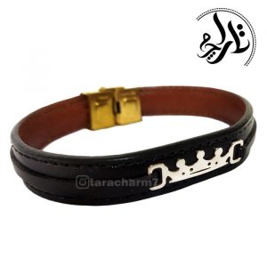 دستبند نقره + چرم طبیعی (طرح تاج)